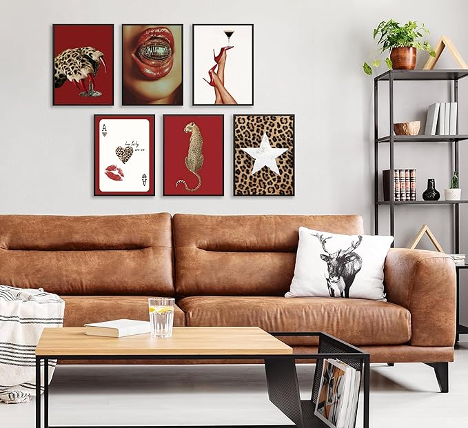 6pcs Trendy Red Fashion Leopard Wall Art Funky Lucky Wall Decor Ace Of Hearts Spades Poker Canvas Prints Vintage Room Aesthetic Pictures Posters Cheetah Painting for Girly Apartment Dorm Unframed