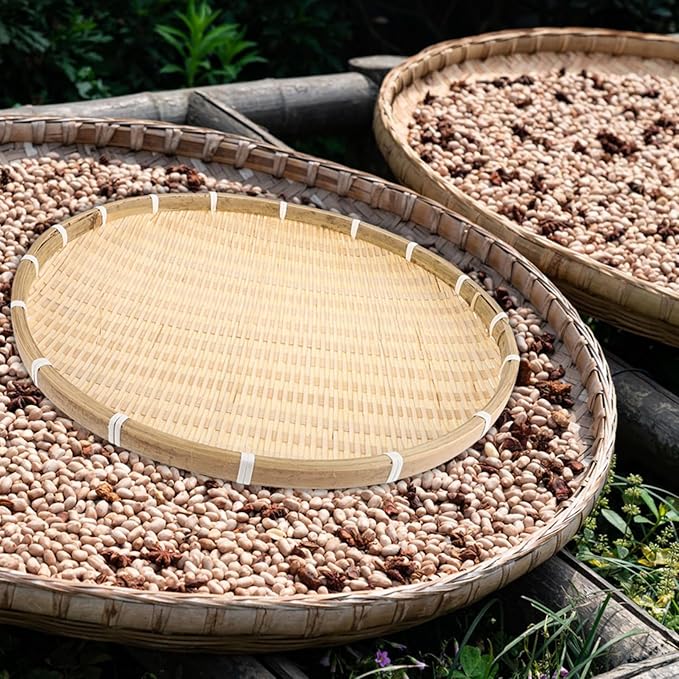 Alipis Bamboo Round Tray 16.53 Inch Woven Food Container Basket Shallow No Hole Tray for Kitchen Storage Serving and Decorative Use