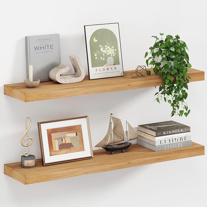Floating Shelves, Deep USA-Sourced Rustic Elm Wood Wall Shelves for Storage, 8 Inch Deep Wall Mounted Display Shelving with Invisible Heavy-Duty Metal Bracket (Natural, 36" W x 8" D, Set of 2)