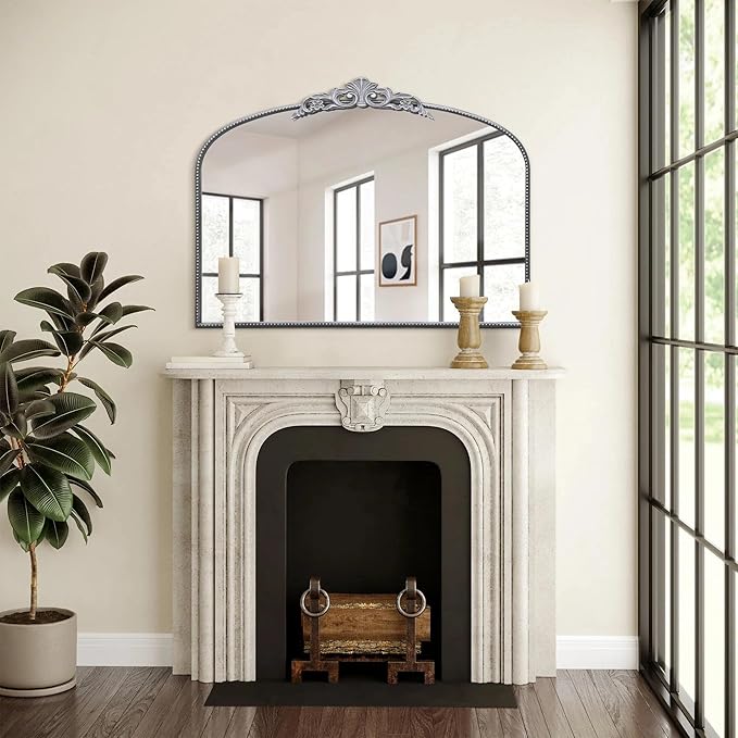 Micasso Antique Wall Silver Mirror: 40" x 29" French Baroque Vintage Mirror - Traditional Ornate Decorative Arched Mirrors for Wall/Bathroom/Entryway/Fireplace/Hallway - Home Decor for Living Room