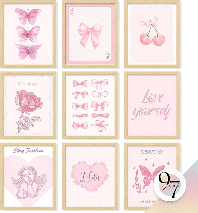 97 Decor Pink Coquette Room Decor Aesthetic - Vintage Coquette Wall Decor, Cute Coquette Posters For Girls Dorm Decorations, Girly Wall Art Prints Bow Pictures For Bedroom (8x10 Unframed)