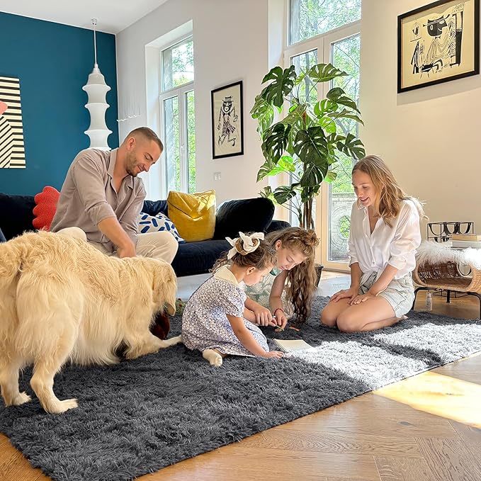 OLANLY 9x9 Machine Washable Large Area Rugs for Living Room, Bedroom, Soft Fluffy Shaggy Bedside Rug, Indoor Floor Carpet for Kids Girls and Boys, Dorms, Nursery, Home Decor Aesthetic, Grey