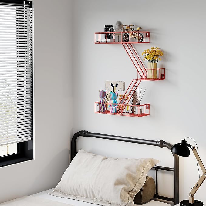 Fire Escape Shelf - 3 Tier Metal Red Fire Escape Wall Shelves with Baskets, New York Action Figurine Display Shelf, Unique Rustic Floating Decorative Wall Shelves for Any Room
