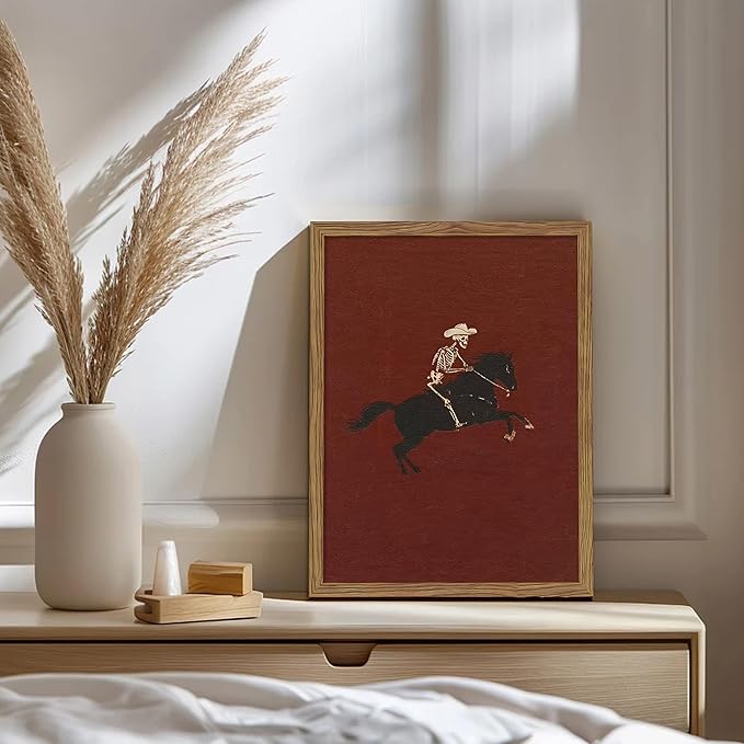 Framed Western Cowboy Wall Art, Gothic Skull Horse Riding Canvas Wall Decor Painting, Vintage Southwestern Cowboy Posters Prints Pictures for Living Room Bedroom 16x24 Inch