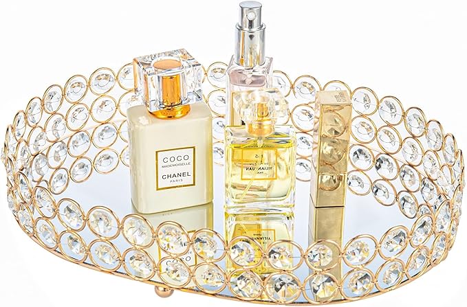 Feyarl Crystal Perfume Tray Vanity Makeup Organizer Ornate Jewelry Trinket Cosmetic Tools Decorative Skin Care Storage for Home Deco Dresser Bathroom Countertop (Oval 12" x 9") (Gold)