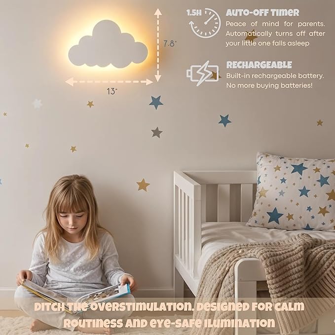 KALEOLI Cloud Wall Light for Nursery (Pack of 1) - Crib & Baby Room Decor Nigth Light – Dimmable & Rechargeable Kids Wall Lamp for Bedtime Routines - 68Pcs Star Wall Decals Included