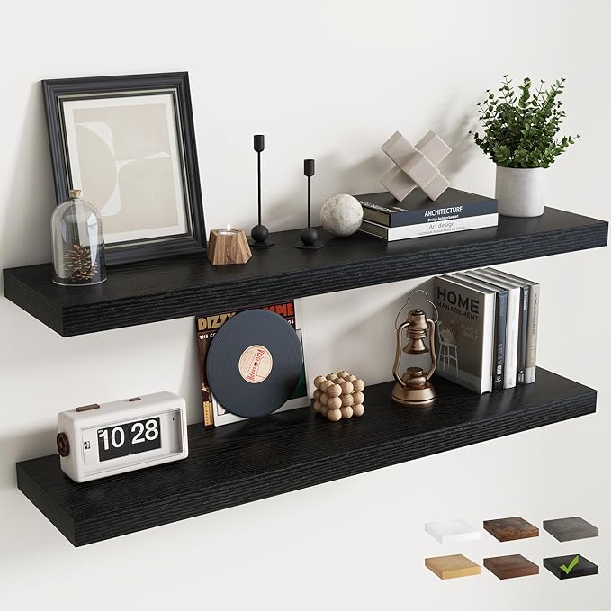 48 Inch Floating Shelves for Wall with Invisible Brackets Set of 2, 9"D Engineered Wood Wall Shelves with Wood Grain for Living Room, Bedroom, Bathroom, Kitchen Decor and Storage, Black Finish
