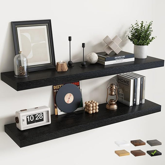 48 Inch Floating Shelves for Wall with Invisible Brackets Set of 2, 9"D Engineered Wood Wall Shelves with Wood Grain for Living Room, Bedroom, Bathroom, Kitchen Decor and Storage, Black Finish