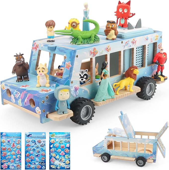 Ocean Theme Car for Tonies Box Shelf Storage for Toniebox 1/2 Player Tonies Figures Characters for Children with 35Pcs DIY Adhesive Metal Plate & 3 Ocean Animal Stickers, Rolling Display & Storage