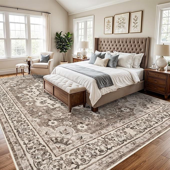 TOPRUUG Washable Oriental Area Rug - 10x14 Rugs for Living Room Soft Carpet for Bedroom Waterproof Floral Distressed Indoor Stain Resistant Non-Shedding Floor Carpets (Beige, 10X14)