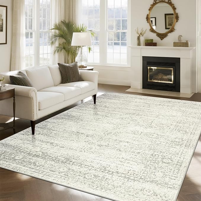 Srugn Washable Rugs 8x10 Area Rugs for Living Room,Bedroom,Dining Room- Large Ultra Soft Faux Wool Retro Carpets,Non Slip&Non-Shedding Low Pile Vintage Print Rug for Home Office Decor-Beige