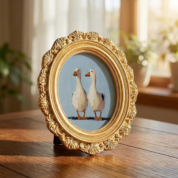 Small Vintage Couple Duck Goose Round Picture Frame Wall Decor, Rustic Farmhouse Gold Mini Ornate Photo Frame for TableTop Desk 2.7in Photo,Funny Framed Artwork for Walls Office Bedroom Shelf