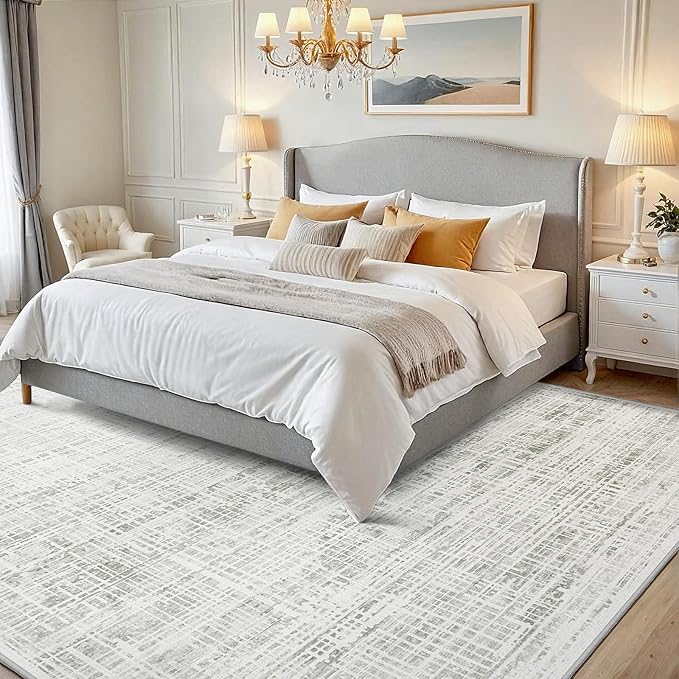 6x9 Area Rugs Washable Rug: Anti-Skid Abstract Modern Living Room Rug Soft Thin Carpets Indoor Floor Non-Shedding Carpet for Bedroom Dining Farmhouse Nursery Home Office (White Gray, 6'x9')