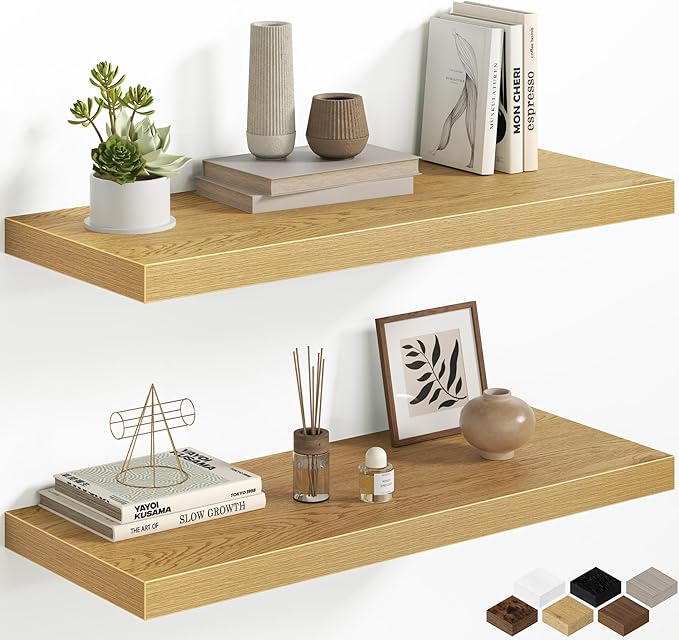 Fun Memories Floating Shelves - 2 Pack 30 Inch Long Rustic Wooden Wall Shelves - 12 Inch Deep Wall Mounted Storage Shelf with Invisible Heavy-Duty Brackets for Books, Bathroom, Kitchen, Oak