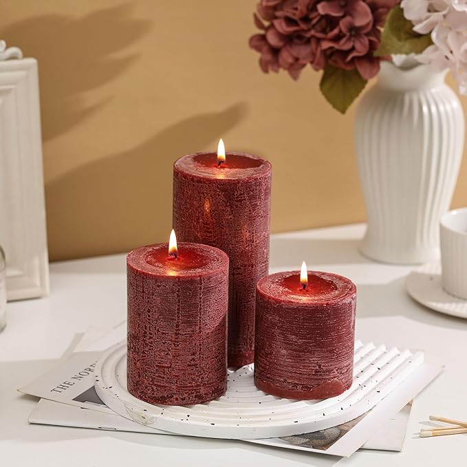 3x3 Inch Burgundy Pillar Candles Set of 3 - Hand-Poured Unscented Candles, Long Clean Burning, Dark Red Pillar Candle, Smokeless Dripless Candle for Dinner Table, Wedding, Home, Rustic Decor