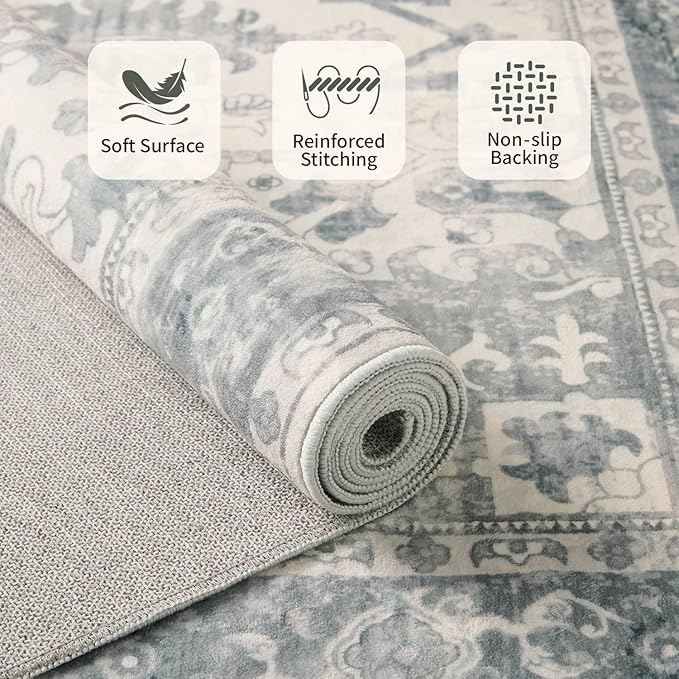 Rugxara 6x9 Washable Area Rug for Living Room, Neutral Vintage Large Boho Rugs for Office, Dining Room, Kids Room, Farmhouse, Durable Low Pile Non Slip Carpet for High Traffic Areas, Light Blue Grey