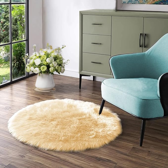 Latepis Yellow Fluffy Circle Rugs for Living Room Round Rug 6.7ft Plush Shag Washable Soft Rug Faux Fur Sheepskin Rugs for Bedroom Home Decor