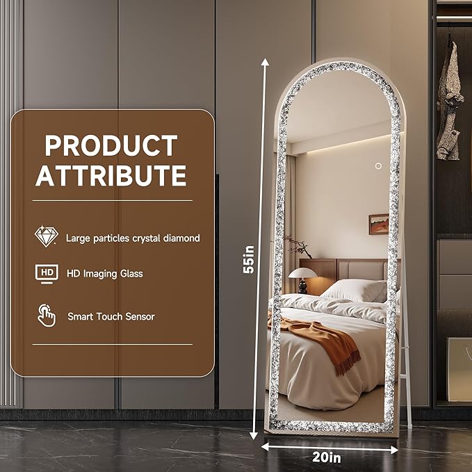 55"×20" Full-Length Mirror with Lights- Arch Crystal Crush Diamond Wall Mounted Hanging Diamond Mirror Leaning for Living Room Bedroom