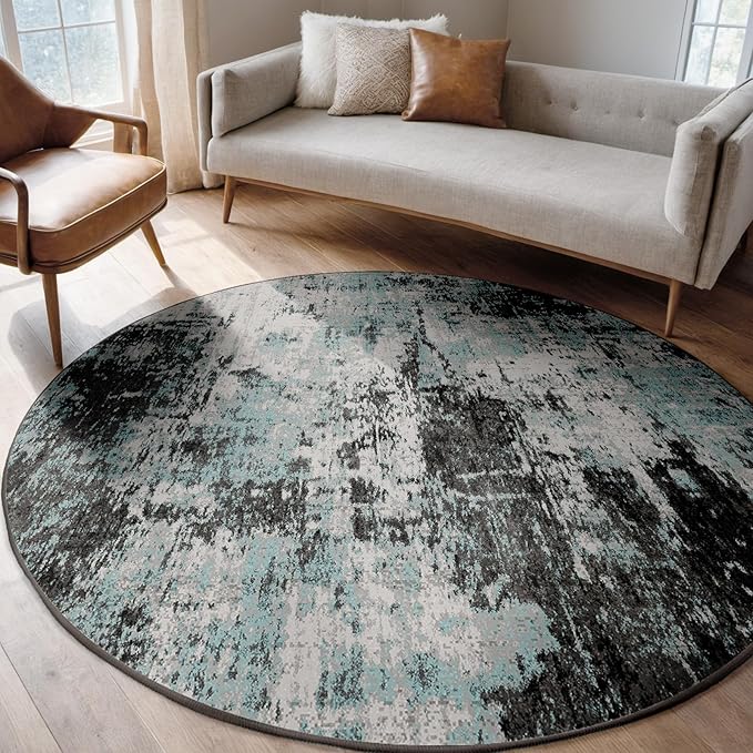 RELEANY Washable Area Rugs 8ft Non-Slip Modern Abstract Soft for Living Room Entryway Bedroom Nursery, Print Pattern, Blue Black Teal