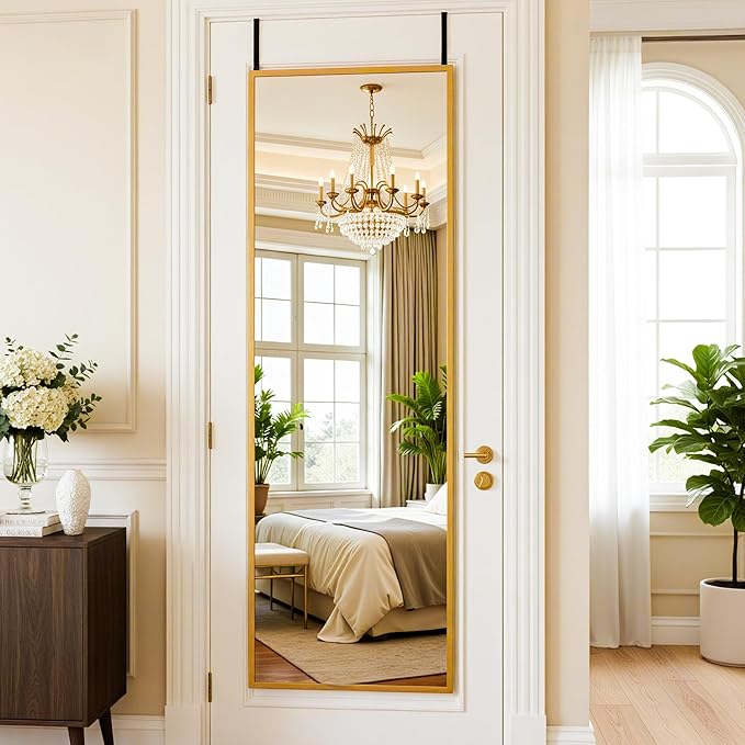 Antok 48''x 14'' Full Length Mirror Over Door, 4-in-1 Standing Leaning Wall Mounted, Adjustable Hanging Mirror for Bedroom Living Room, Gold, Rect Corner