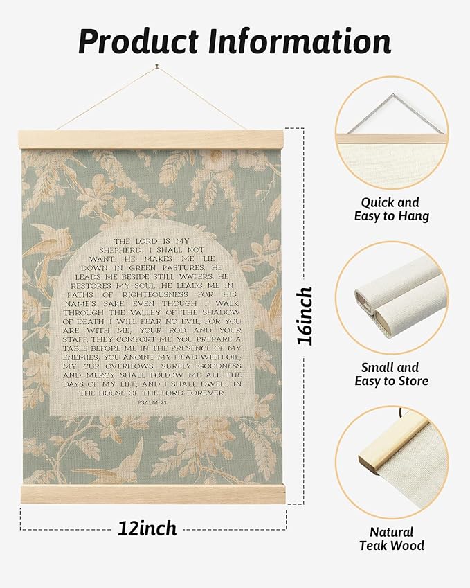 FGFK Vintage Floral Christian Psalm 23 Wall Art Poster Hanger Frame, the Lord is My Shepherd Bible Verse Canvas Prints Framed Wall Decor for Home Bedroom Living Room Church, 12x16 Inch