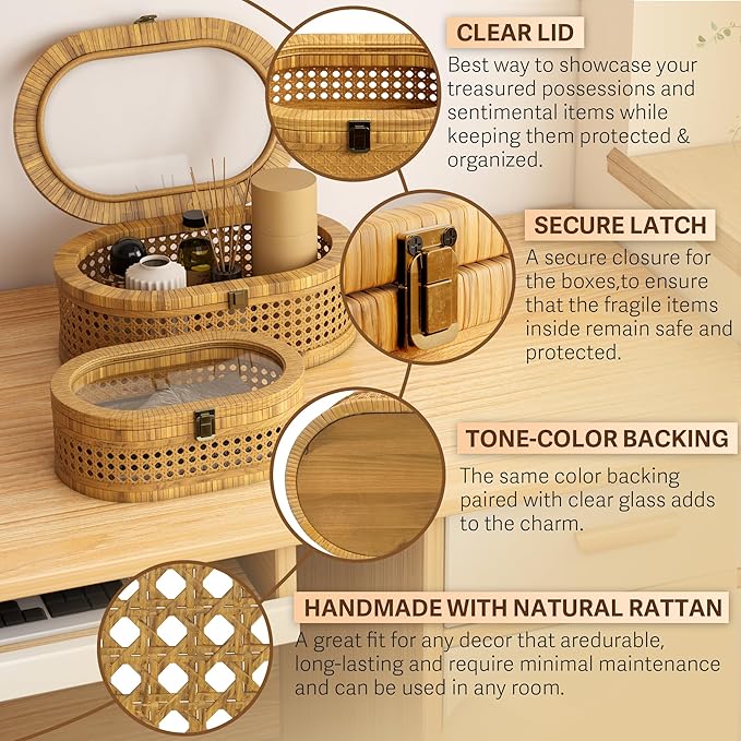 Rattan Display Box,Boho Oval Decorative Storage Boxes with Clear Lid,Set of 2 Woven Wicker Natural Finish Keepsake Boxes for Rustic Farmhouse for Home Decor