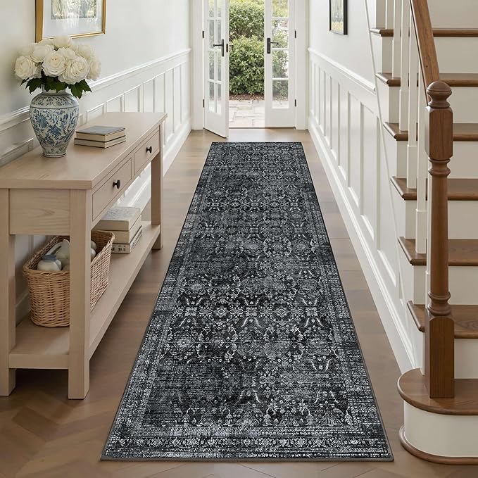 Rugxara 2'6''x8' Runner Rug, Washable Kitchen Rugs, Black Boho Vintage Floral Hallway Runner, Non Slip Low Pile Area Rug Carpet for Hallway, Kitchen, Laundry Room and Bathroom(Black 2.6x8ft)