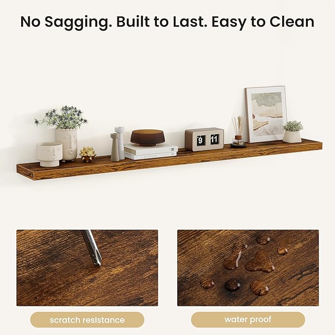 Fun Memories Floating Shelves for Wall, Rustic Wood Wall Mounted Shelves for Bathroom, Bedroom, Living Room and Kitchen, Storage & Home Decor (Set of 2, Brown, 66 in)