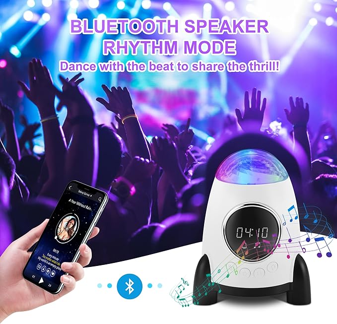 Star Projector With Alarm Clock, Rocket Galaxy for Bedroom, Bluetooth Speaker and White Noise Aurora
