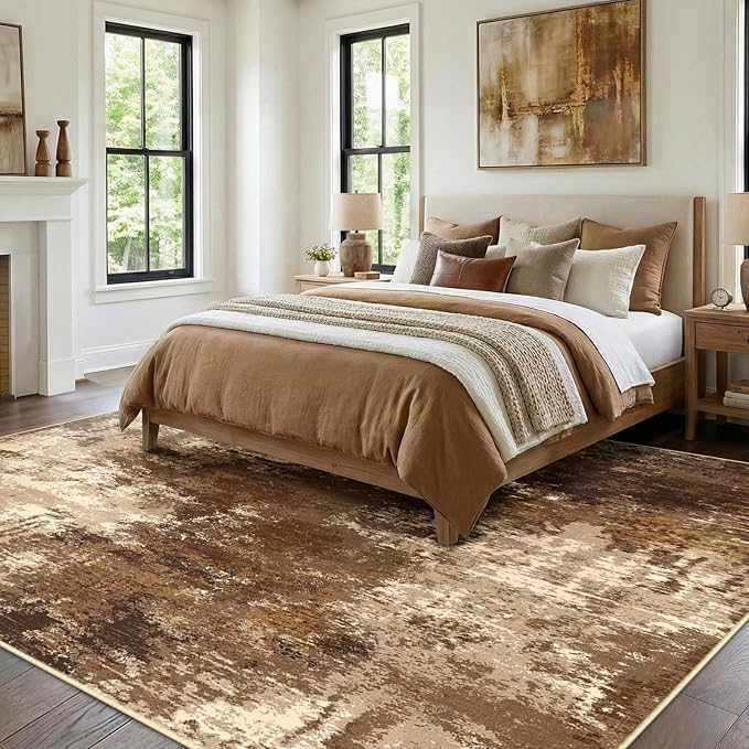 RELEANY Washable Area Rugs 10'x14 Non-Slip Modern Abstract Soft for Living Room Entryway Bedroom Nursery, Print Pattern, Brown Tan Beige Coffee