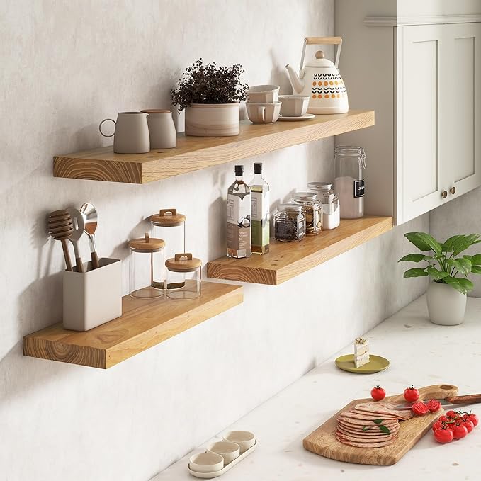 Venusmiles Elm Floating Shelves for Wall Decor, Rustic Solid Wood Shevles Wall Mounted with Invisible Bracket for Living Room Bathroom Bedroom Kitchen, 24 Inch Set of 2, Natural