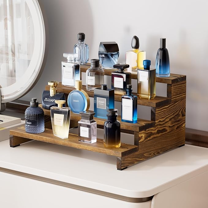 ZUJJAFY Cologne Organizer for Men, 4 Tier Wooden Cologne Stand Mens Fragrance Shelf, Tiered Wood Risers Display Stands for Perfume, Cupcake, Figures, Dessert