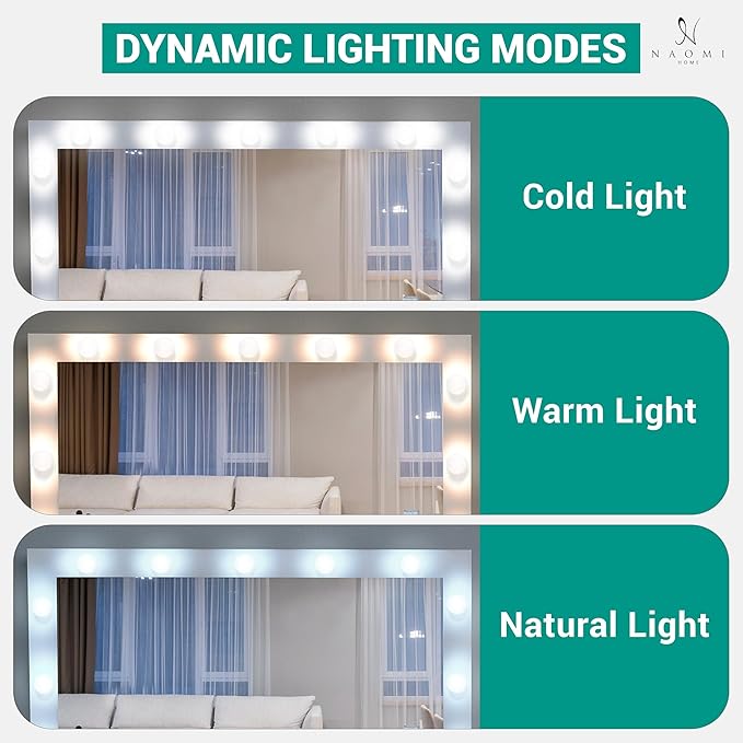 Naomi Home 46" Makeup Vanity Desk with Mirror & Lights – Dressing Table with 11 LED Bulbs, Adjustable Brightness & 3 Modes – Vanity Set with Chair, 7 Storage Drawers & Charging Station (White)