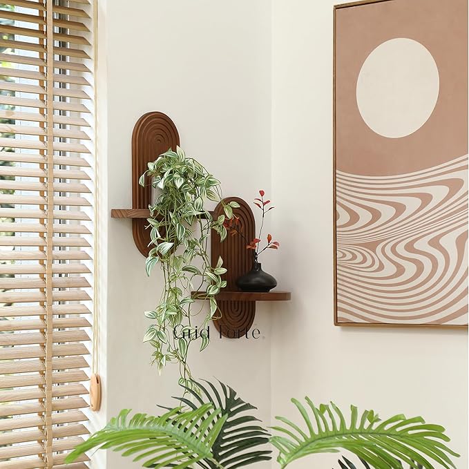 GRID FORTE Modern Wall Shelf (Set of 2) with Arched Wood Design Mid-Century Single Floating Rainbow Shelves for Indoor Decoration Holding Planter Ornaments, 14 x 11.6 Inch (Walnut)