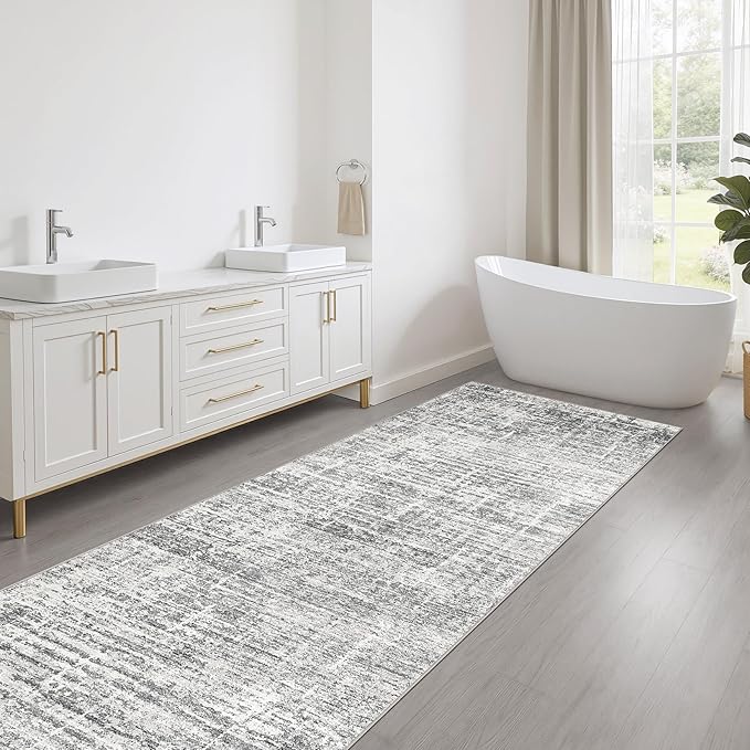 Runner Rug Non-Slip Kitchen Rug: 3x10 Washable Abstract Modern Soft Stain Resistant Indoor Floor Neutral Accent Throw Carpet for Hallway Bathroom Laundry Room Bedroom Entryway- Grey