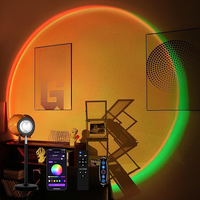 Tsrarey Sunset Lamp Projector with Remote Control, Multiple Colors LED APP Control Sunset Light Three Control Methods Night Light for Room Decor/Christmas Gift/Photography/Party/Bedroom Decor