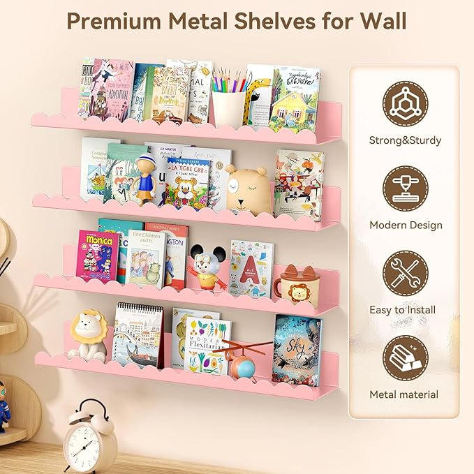 Floating Shelves for Wall, 23 Inch Metal Nursery Book Shelves 4 Pack, Wall Mounted Book Shelf for Kids Room, Bedroom, Bathroom, Playroom Decor (Pink)