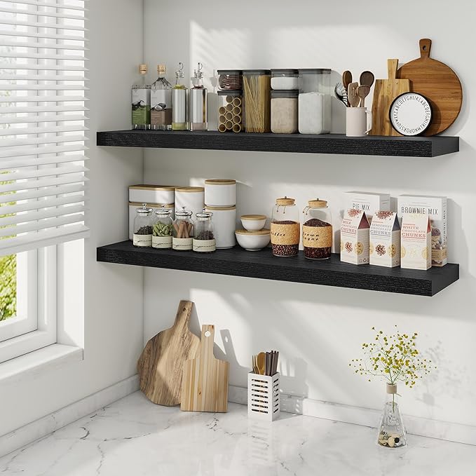 Fun Memories 40 Inch Black Floating Shelves, 9.3 Inch Deep Wall Shelves for Living Room|Bedroom|Kitchen, Rusitc Wall Mounted Bathroom Shelves 2 Pack, Heavy-Duty Deep Shelf for Books，Decor