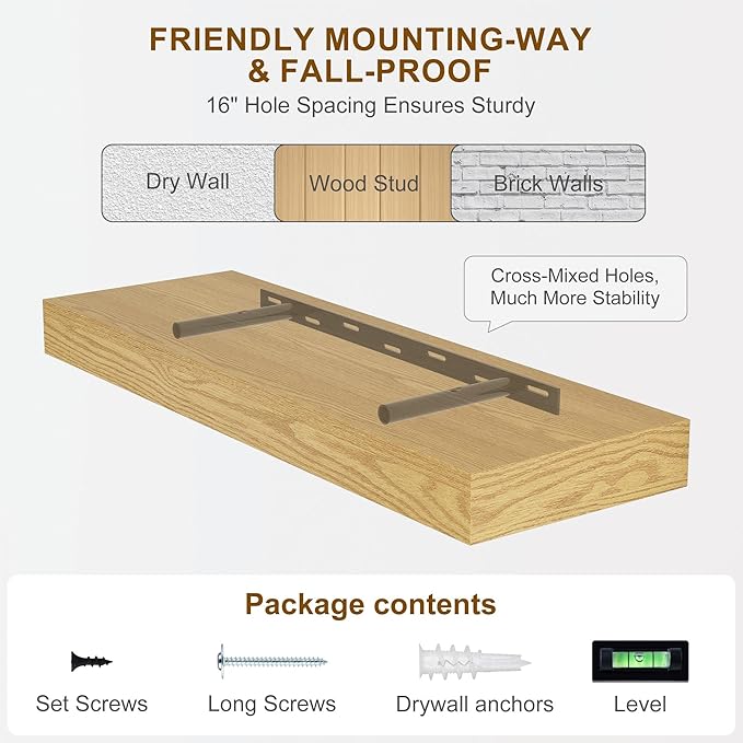 Fun Memories 60 Inch Fireplace Mantel - Long Floating Shelf, Wall Mounted Farmhouse Display with Invisible Heavy Duty Metal Bracket, Oak, 2 Pack