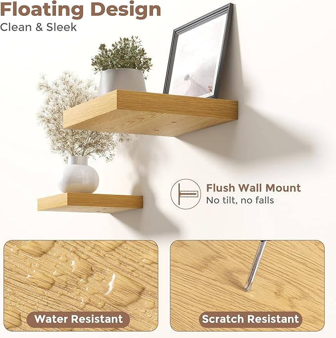 12 Inch Floating Shelves for Wall with Invisible Brackets Set of 3, 12"D Engineered Wood Wall Shelves with Wood Grain for Living Room, Bedroom, Bathroom, Kitchen Decor and Storage, Oak Finish