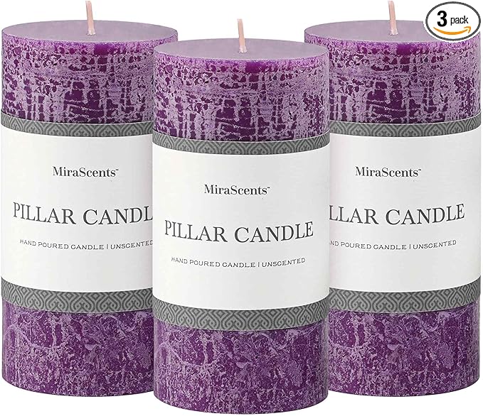 3x6 Inch Purple Pillar Candles Set of 3 - Hand-Poured Unscented Candles, Long Clean Burning, Large Big Candle, Smokeless Dripless Candle for Dinner Table, Wedding, Home, Bathroom, Advent Decor