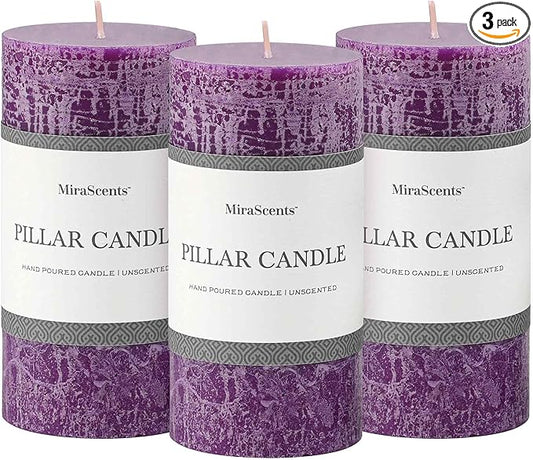 3x6 Inch Purple Pillar Candles Set of 3 - Hand-Poured Unscented Candles, Long Clean Burning, Large Big Candle, Smokeless Dripless Candle for Dinner Table, Wedding, Home, Bathroom, Advent Decor