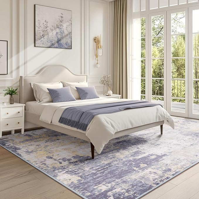RELEANY Washable Area Rugs 9'x12' Non-Slip Modern Abstract Soft for Living Room Entryway Bedroom Nursery, Print Pattern, Purple Grey Cream Yellow