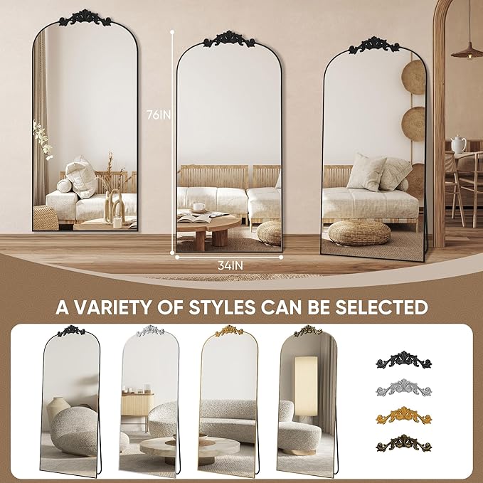 Antok Arched Full Length Mirror, 76"x34" Floor Mirror with Carved, Full Body Mirrors for HomeDecor, Standing/Halling Large Wall Mirror for Bedroom, Living Room, Cloakroom, Black, Retro Style