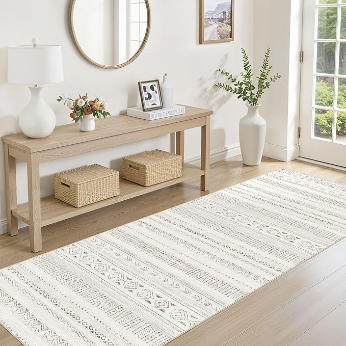 cotiled Hallway 2.6x10 Runner Rugs: Washable Boho Rugs with Non Slip Backing Large Soft Indoor Stain Resistant Carpet for Living Room Bedroom Farmhouse Dining Room Lightweight Home Decor L Brown/Cream