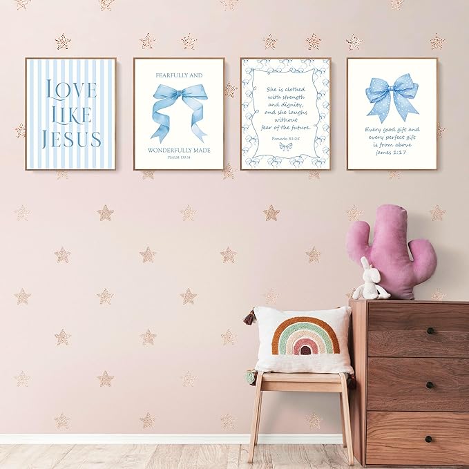 LARTSFRO Coquette Blue Bow Jesus Wall Art Decor Posters, Light Blue Bow Christian Room Bedroom Bathroom Wall Art Decor Aesthetic for Teen Girls Gifts, Inspirational Bible Verses Bow Wall Decor, 12x16 Inch Set of 4 Bow Pictures(UNFRAMED)