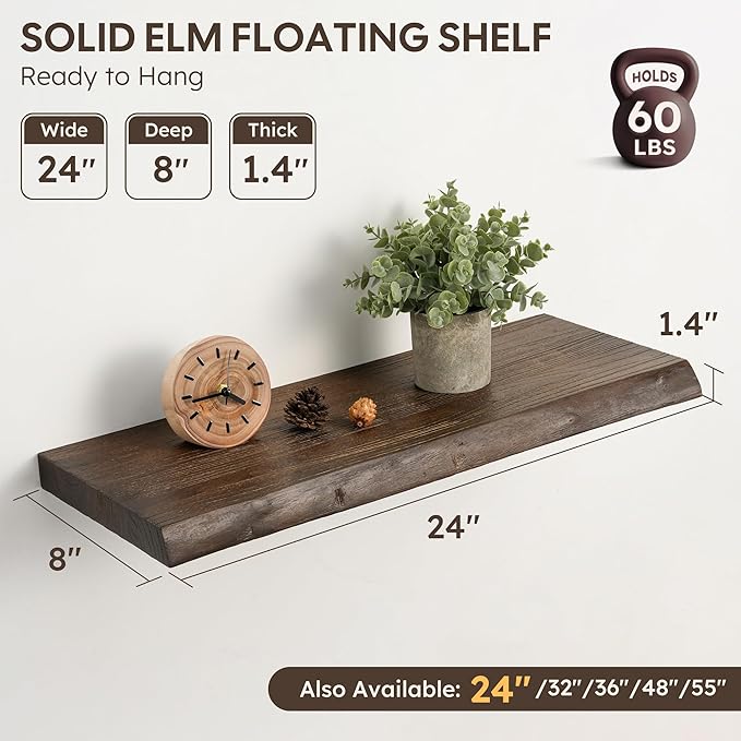 Floating Shelves Set of 2, Solid Elm Wood Wall Shelves 24 Inch - Invisible Bracket Mount for Living Room, Bedroom, Kitchen, Bathroom - Brown