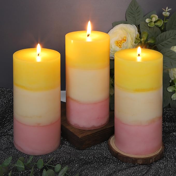 Sweet Honeysuckle Scented 3x6 Inch Pillar Candles Yellow White Pink Layered Aesthetic Decorative Home fragrances Candle for Spring Living Room Bathroom Party Decor, Set of 3