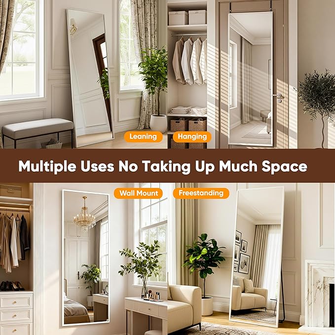 Antok 48''x 14'' Full Length Mirror Over Door, 4-in-1 Standing Leaning Wall Mounted, Adjustable Hanging Mirror for Bedroom Living Room, White, Rect Corner