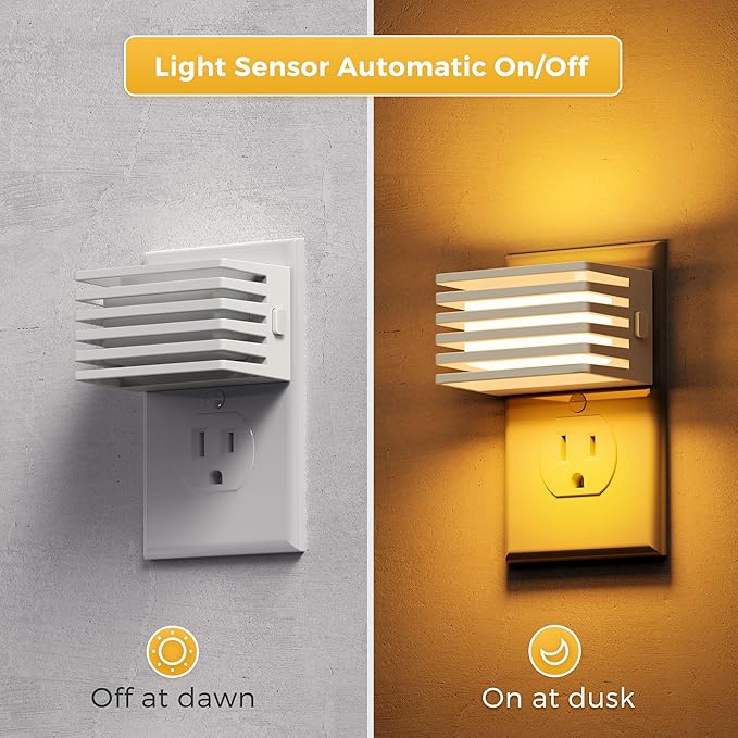 L LOHAS LED Modern Plug in Night Light with Dusk to Dawn Sensor, 2000K Amber Warm Night Lights Plug into Wall, Dimmable Night Light for Bedroom, Bathroom, Kids' Room (White, 2 Pack)